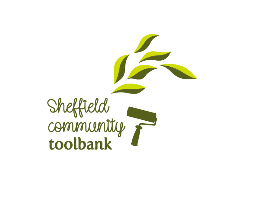 Sheffield Community Toolbank logo with paint roller and leaves flying around