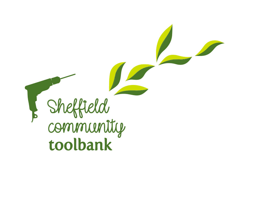 Sheffield Community Toolbank logo with drill and leaves flying around