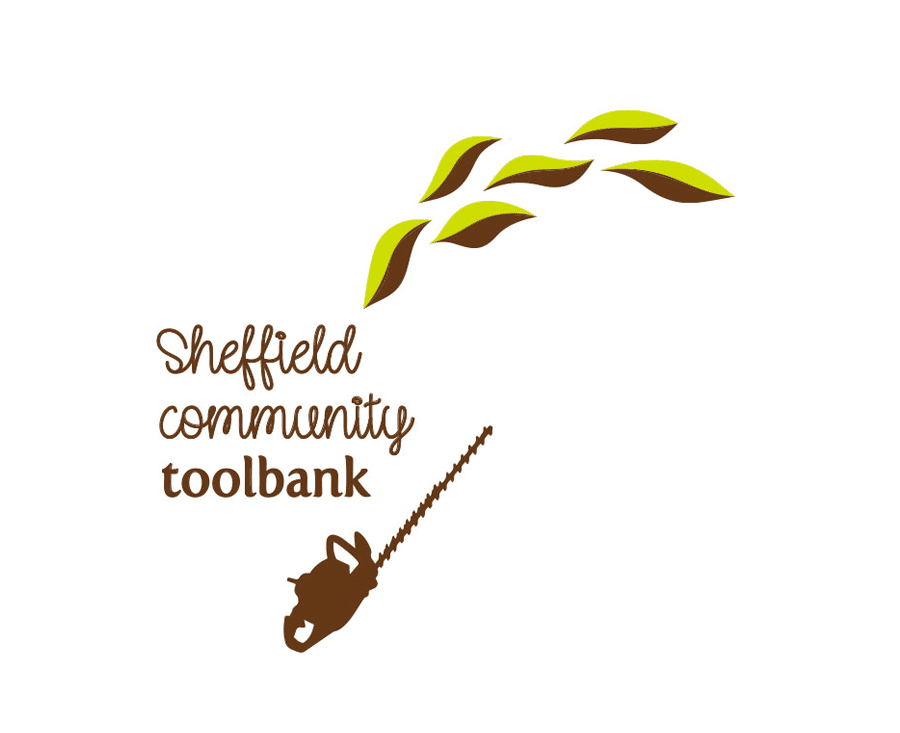 Sheffield Community Toolbank logo with hedge trimmer and leaves flying around