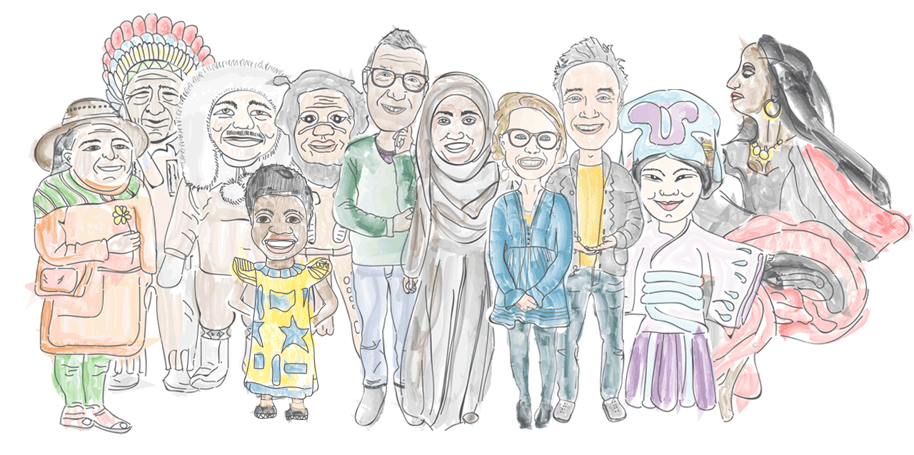 our cultures banner with 11 illustrations of people from various cultures