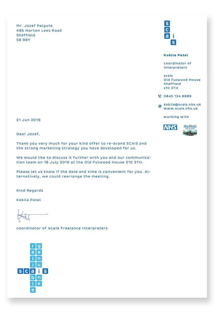 scais-letter-head with address of the sender on the top right and logos of associated partners. content of the letter on the left middle per standard