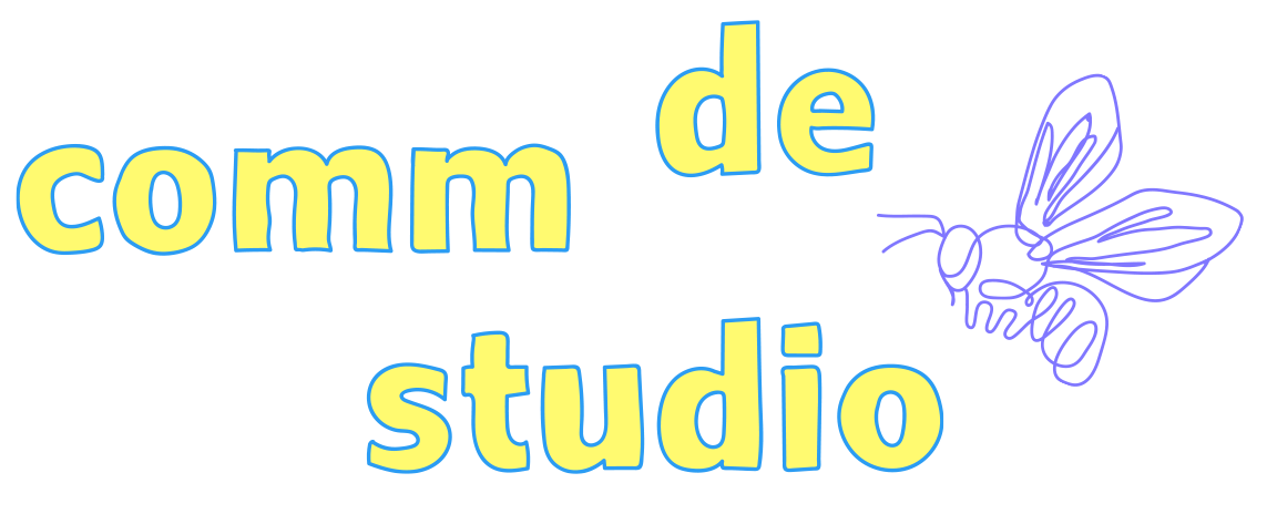 comm-de-studio-yellow logo with-a-one line drawn purple bee approaching from the right