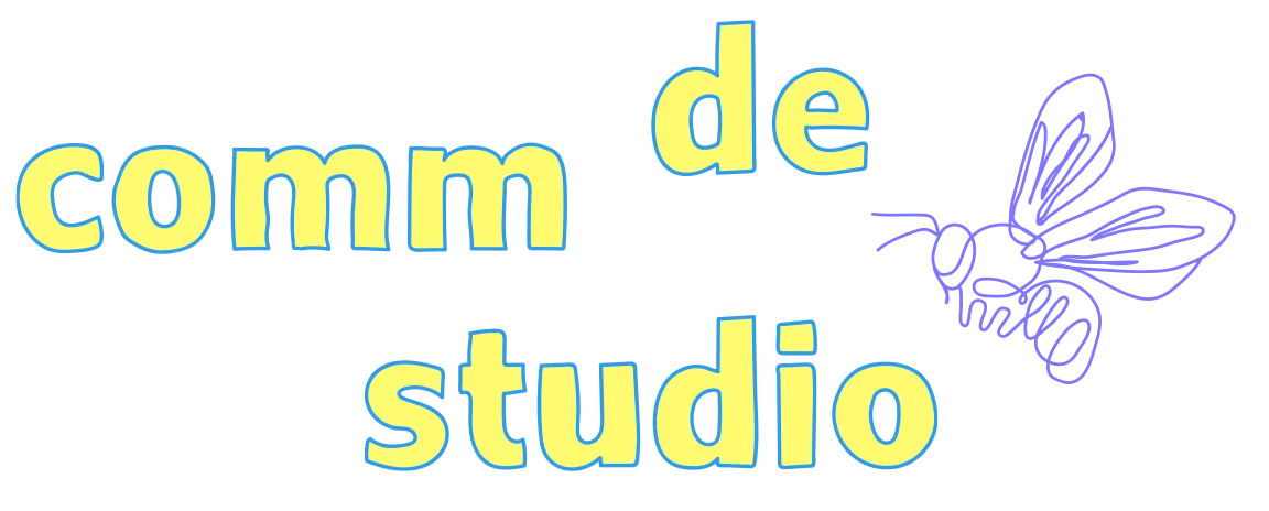 comm-de-studio-yellow logo with-a-one line drawn purple bee approaching from the right